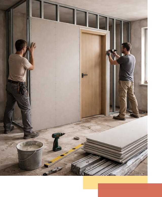 Перегородка из гипсокартона с дверью под ключ в Белове