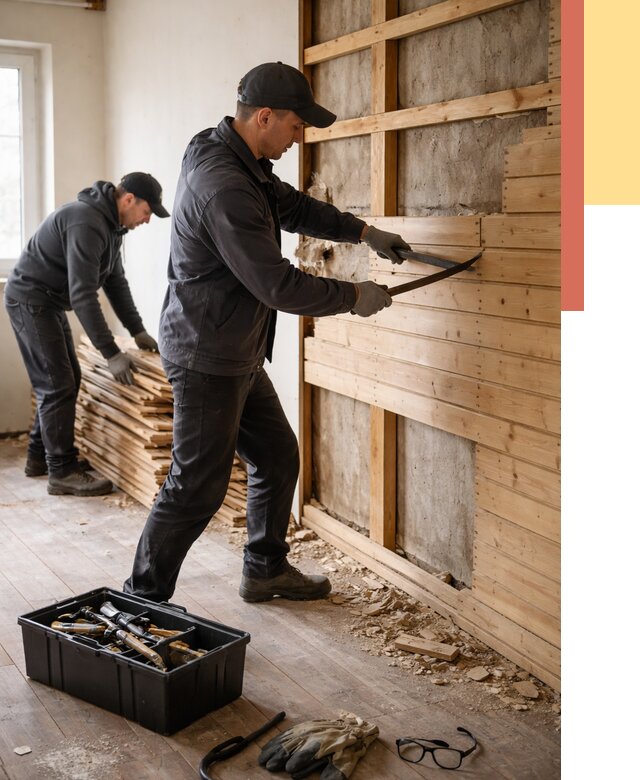 Демонтаж вагонки в Белове от 4126 руб/м2 — быстро и недорого | ОТДЕЛОЧНИК-Блв