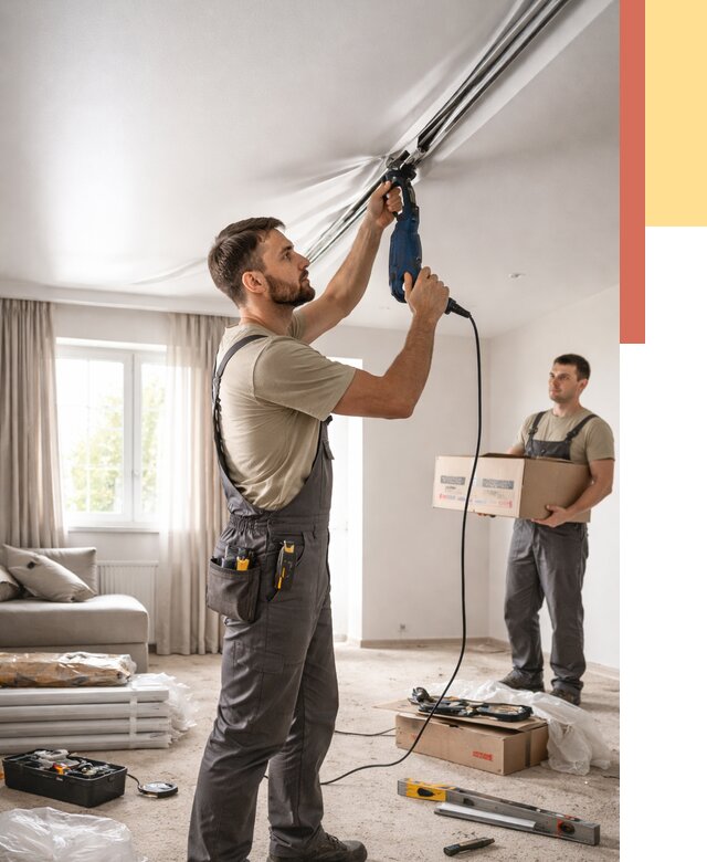 Монтаж сатинового натяжного потолка в Белове от 3801 руб. | Быстро, недорого — ОТДЕЛОЧНИК-Блв