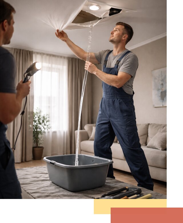 Слив воды с натяжного потолка в Белове быстро и аккуратно