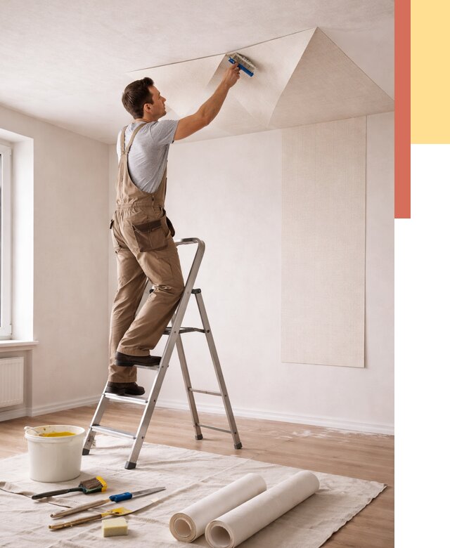 Поклейка обоев на потолок в Белове от 4887 руб. быстро и недорого | ОТДЕЛОЧНИК-Блв